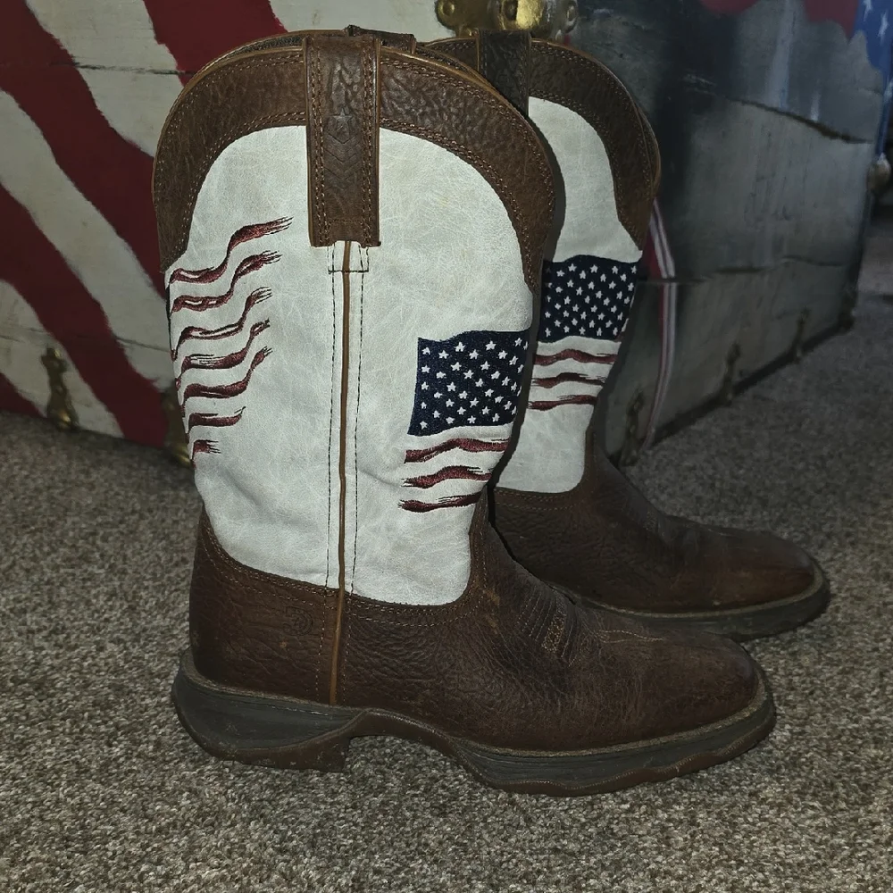 Womens 11" Flag Embroidery Bay Brown Boots Distressed Flag - Picture 1 of 11